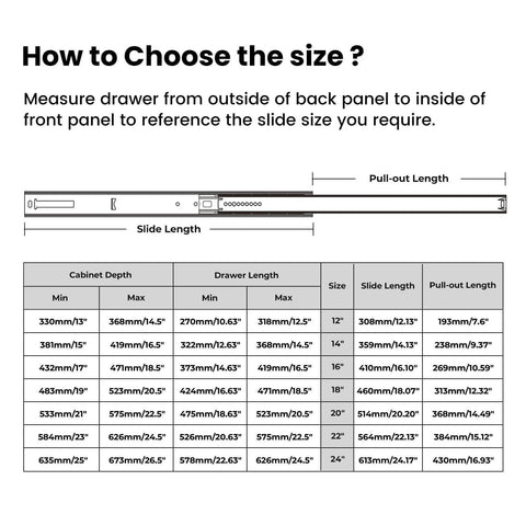 Size guide for Center Mount Drawer Slides Bottom Mount for Cabinet and Dresser 14 Inch Heavy Duty Drawer Rails 9.74" Extension Glide Track