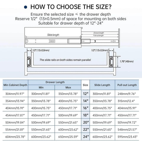 Diagram of size selection guide for Soft Close Heavy Duty Drawer Slides 22 Inch, showing dimensions and installation tips.