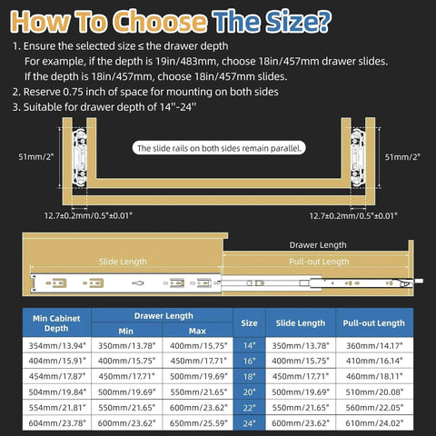 Illustration showing size selection guide for 1 Pair Heavy Duty Drawer Slides [165 LB Capacity] with Lock Side Mount 16 Inch.