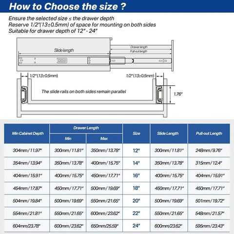 Size chart for Soft Close Ball Bearing Drawer Slides 22 Inch Five Pairs Three Section Full Extension Heavy Duty Steel Side Mount Rails