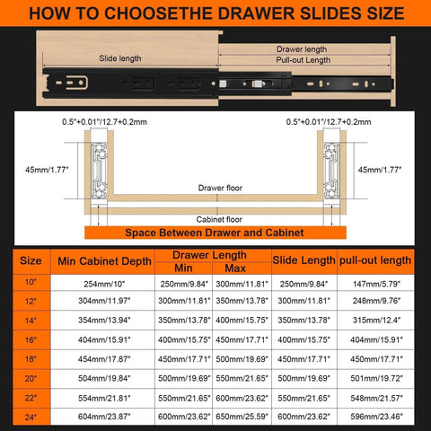 Instruction diagram showing how to choose drawer slide size for 14 Inch Full Extension Drawer Slides Three Fold Four Pairs Eight Pieces Side Mount Cabinet Glides Black 100 Lb Capacity Quiet Smooth Bearings For Dresser Cabinet Kitchen Wardrobe Trash Can.