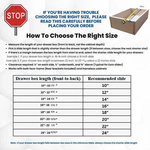 Guideline chart for selecting 22 Inch Euro Cabinet Slides Pack Of 2 For Face Frame And Frameless Cabinets With 75lbs Capacity.
