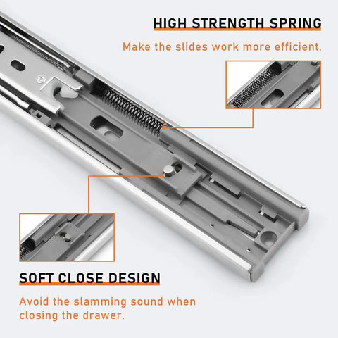 Close-up of 10 pairs 22 inch rear and side mount drawer slides with rear mounting brackets heavy duty ball bearing soft close glides