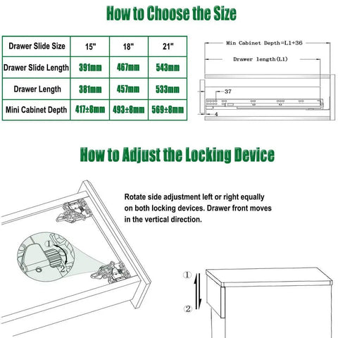 Diagram showing size options and adjustment instructions for 21 Inch Undermount Drawer Slides Full Extension Soft Close Concealed Runners.