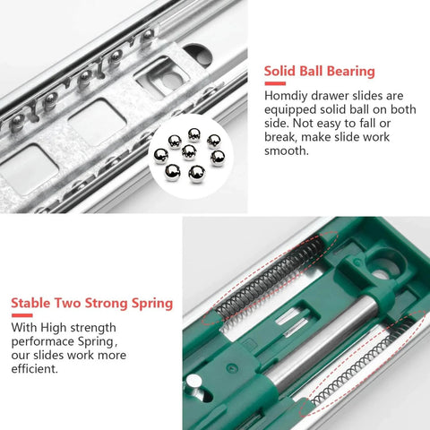 Close-up view of 10 Pairs Soft Close Drawer Slides 22 Inch Heavy Duty Side Mount Dresser Cabinet Rails Metal Ball Bearing Full Extension.