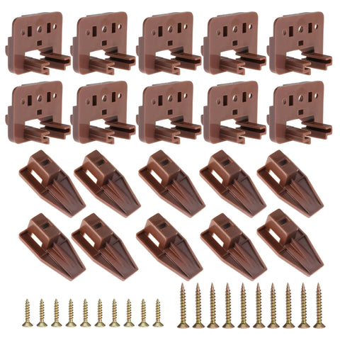 10 Piece Drawer Slide Track Guides for Center Mount Drawers Perfect For Dressers Nightstands and Chests These Replacement Guides Fit Center Mount 1 Drawer Systems and Are Easy To Install Please Verify Your Size Before Purchase, brown plastic guides, screws included, top view.