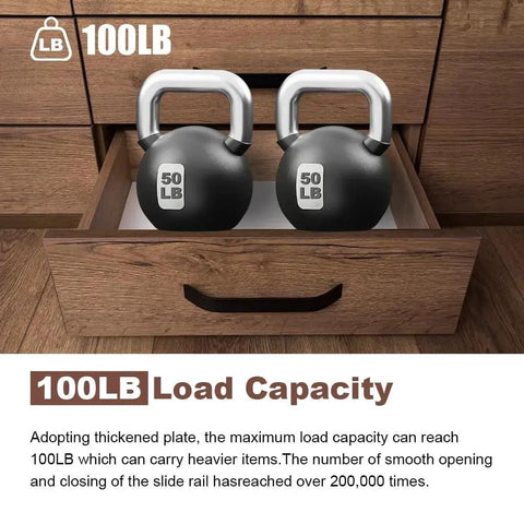 Drawer with 100LB kettlebells demonstrating Two Pack Center Track Drawer Slides For Rite Trak II Rails Kit, 16 Inch Metal Drawer Slides With Stop And Roller