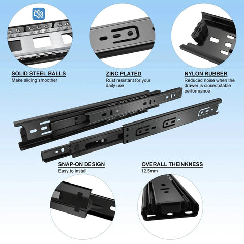 Detailed view of 12 inch Drawer Slides 6 Pairs (12pcs) Full Extension Ball Bearing Drawer Rails showing key features and materials.