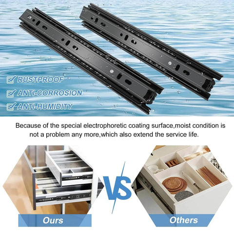 12 inch Drawer Slides 6 Pairs (12pcs) Full Extension Ball Bearing Drawer Rails versus other brands, rustproof black metal design
