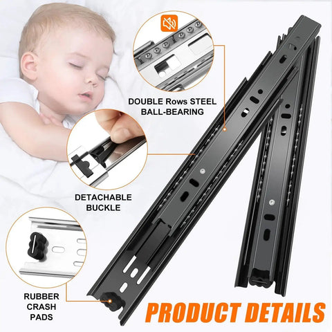 Close-up of 14 Inch Full Extension Drawer Slides Three Fold Four Pairs Eight Pieces Side Mount Cabinet Glides Black 100 Lb Capacity
