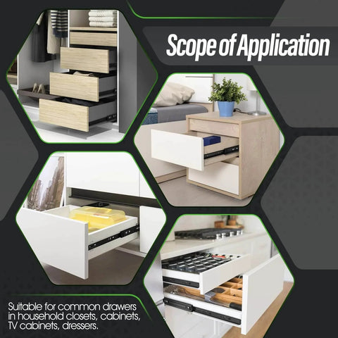 Illustration of 1 Pair Full Extension Ball Bearing Drawer Slides 8 10 12 14 16 18 20 22 24 Inch 100 LB Load Capacity Side Mount File Cabinet Rails Dresser Metal Runner Trash Can Kitchen (10 inch, Black) installed in various drawers in closets, dresser and kitchen showing scope of application.