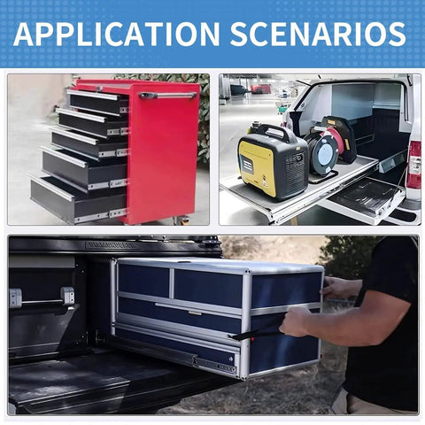 Application scenarios showing 18 Inch Drawer Slides Set with Soft Close, Full Extension Ball Bearing Rails in various storage settings.