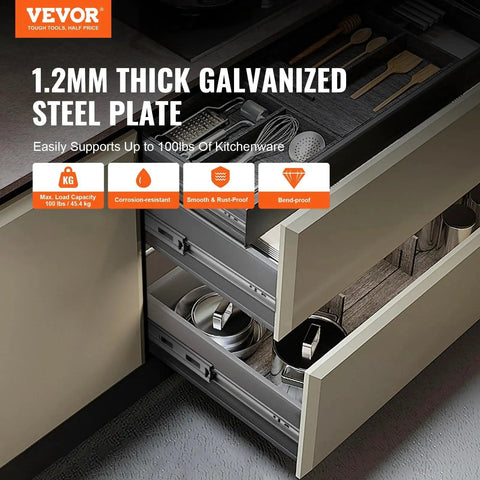 Open kitchen drawer showing Soft Close Drawer Slides Set With Heavy Duty Ball Bearing Full Extension Side Mount Rails and utensils