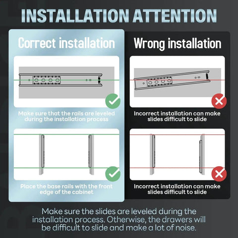 Installation guide showing correct and incorrect methods for Heavy Duty Drawer Slides 12 To 40 Inch Full Extension Ball Bearing Rails.