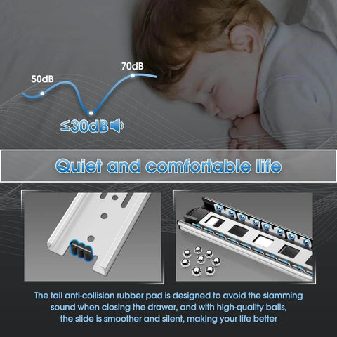 Child sleeping quietly next to graphic showing 1 Pair Full Extension Drawer Slides 8 10 12 14 16 18 20 22 24 Inch