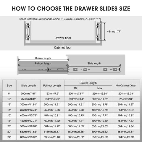 Size chart guide for 1 Pair Full Extension Drawer Slides 8 10 12 14 16 18 20 22 24 Inch 100 lb Load Capacity Side Mount Ball Bearing Rails