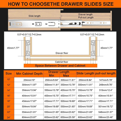 Diagram showing how to choose drawer slides size for 18 Inch Full Extension Drawer Slides 4 Pairs 8 Pieces Side Mount Cabinet Glides.