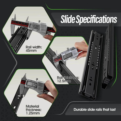 Specifications of 1 Pair Full Extension Ball Bearing Drawer Slides 8 10 12 14 16 18 20 22 24 Inch 100 LB Load Capacity, Black