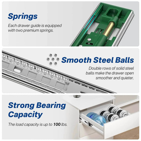Close-up of 6 Pairs Soft Close Drawer Slides 20 Inch, Full Extension Heavy Duty Ball Bearing Cabinet Rails with springs and steel balls