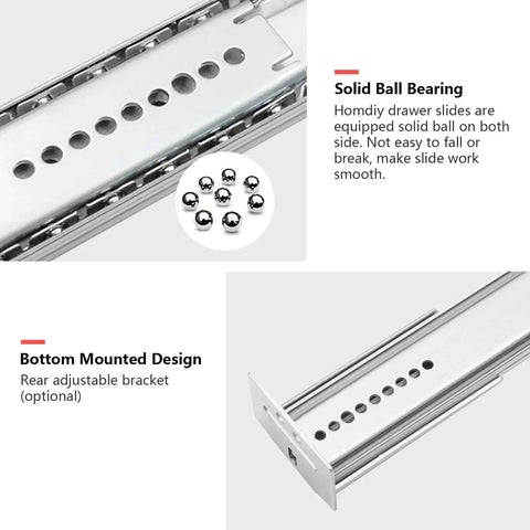 Close-up of Five Pack 16 Inch Heavy Duty Center Mounted Bottom Drawer Slides With Quiet Ball Bearings Three Quarter Extension Zinc