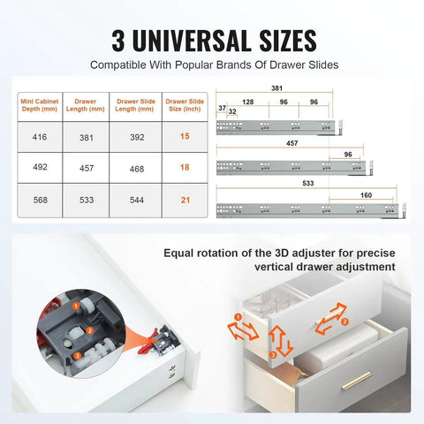 Diagram showing 3 universal sizes for 10 Pairs 15 18 21 Inch Soft Close Bottom Mount Drawer Slides With Heavy Duty Ball Bearing Full Extension Steel Tracks