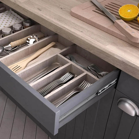 Open drawer showing 6 Pairs 20 Inch Soft Close Drawer Slides 14 16 18 20 22 24 Inch Heavy Duty Side Mount Rails in kitchen