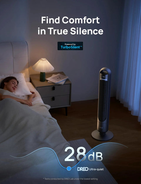 Bedroom scene with Dreo Tower Fan for Bedroom, 90° Oscillating Standing Fans for Room, 28dB Quiet for Sleep, beside sleeping person