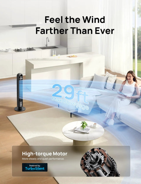 Dreo Tower Fan for Bedroom, 90° Oscillating Standing Fans for Room with 4 Speeds in living room, woman relaxing on sofa.
