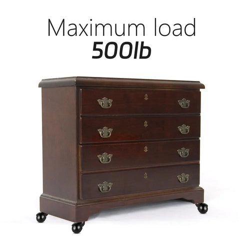 Wooden dresser on 2 Inch Vintage Ball Caster Wheels With Swivel Plate Spherical Caster For Furniture And Cabinets Set Of 4 Heavy Duty Polypropylene And Steel Construction Each Caster Supports Up To 125 Lbs Total 500 Lbs Load Capacity, showing maximum load of 500 lbs