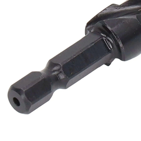 Close-up of hex shank of Nine Step Drill Bit High Speed Steel Spiral Pagoda Hole Reamer With Non Slip Tip And Hex Shank Multipurpose Metalworking