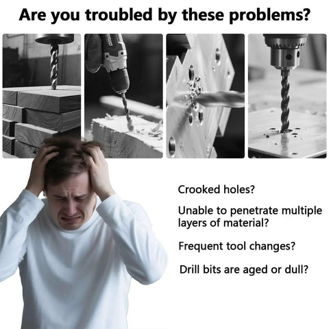 Man distressed over drilling problems; various drill bit issues depicted including crooked holes, and difficulty in multilayer penetration.