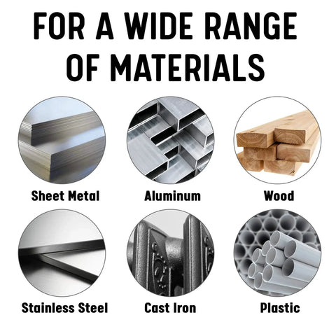 Materials suitable for KFD Series High Speed Steel Drill Bits Split Point One Eighth Inch Pack Of 12, including sheet metal, aluminum, wood, stainless steel, cast iron, plastic.