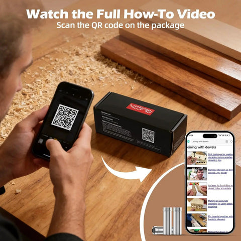 Person scanning QR code on Extra Deep Three Eighths Inch Drill Bushings Hardened Steel Guide Sleeves package with phone video guide.