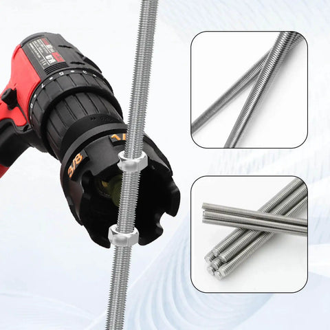 Durable aluminum nut spinning drill attachment quickly tightens and loosens 1/4, 3/8, and 1/2 inch threaded rods with hex shank compatibility showing operation.