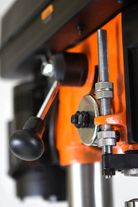Close-up of 12-Inch Benchtop Drill Press With 6.2-Amp Variable Speed Motor highlighting spindle mechanism and cast iron construction.