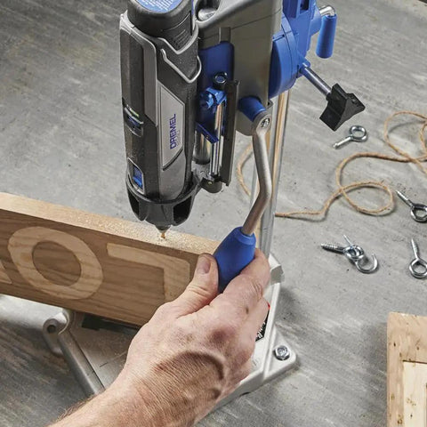 Using the Articulating Drill Press Stand For Rotary Tools With 90 Degree Horizontal Position And 15 Degree Increment Angled Drilling 2 Inch Depth Includes Tool Holder And Wrench Model 220-01 for precise wood drilling