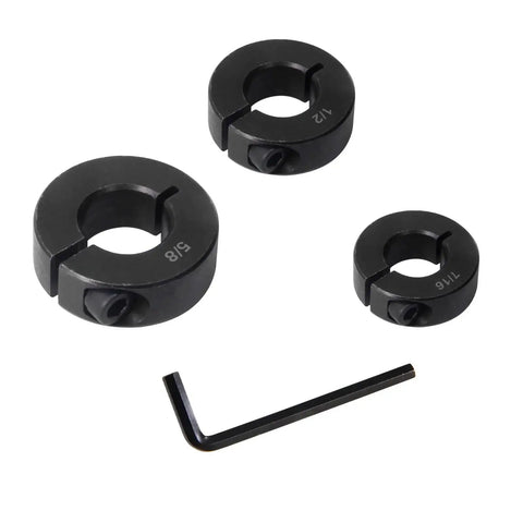 Depth limiting drill stop collar set with split ring stops from 1/8 to 5/8 inch, featuring three collars and hex key.