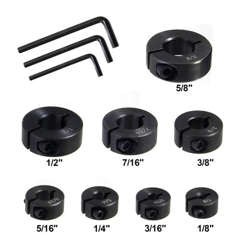 Depth limiting drill stop collar set with split ring stops from 1/8 to 5/8 inch showing eight collars and hex keys.