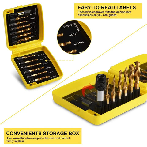 Combination Drill Tap And Tap Bit Set 3 In 1 Titanium Coated High Speed Steel Tapping Bits in a yellow storage box with labels