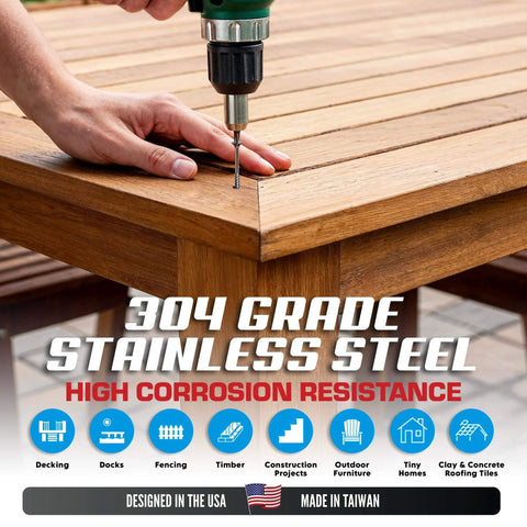 Person installing #8 x 1-5/8 Inch Stainless Steel Wood Screws, 304 Grade Flat Head T20 Star Drive, on outdoor furniture