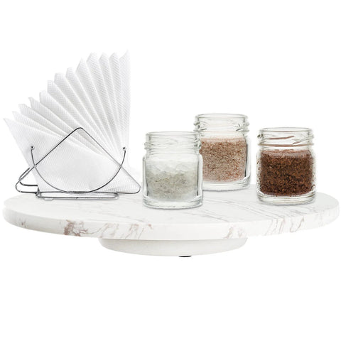 Marble lazy susan turntable designed as a cheese board and cake stand, 12 inch natural white marble rotating tray with jars and napkins.