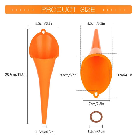 Product size diagram of oil change kit funnel and O-ring for Harleys and Big Twins