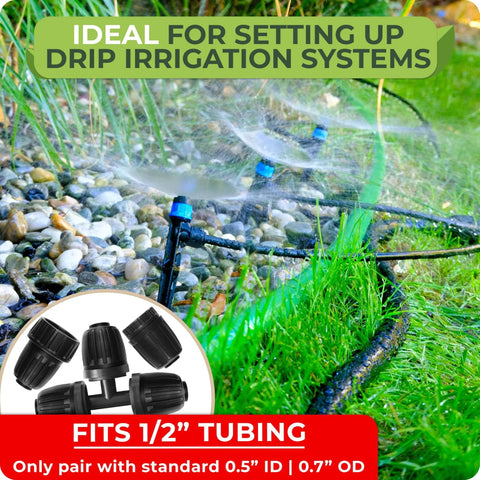 All In One Drip Irrigation Fittings Kit For Push To Connect Systems With Faucet Adapters Three Way Tee Barbed Splitter And End Plugs For Three Quarter Inch To Half Inch Tubing Easy Install No Fuss Gardens shown watering a lawn.