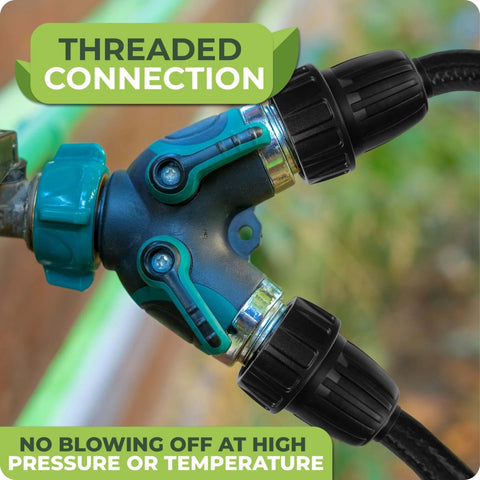 All In One Drip Irrigation Fittings Kit For Push To Connect Systems With Faucet Adapters Three Way Tee Barbed Splitter And End Plugs For Three Quarter Inch To Half Inch Tubing Easy Install No Fuss Gardens, threaded connection in use.
