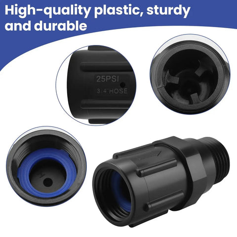 Drip Irrigation Pressure Regulator Keeps 25 PSI On Point For Consistent Watering, three quarters inch hose thread inlet to outlet, close-up view
