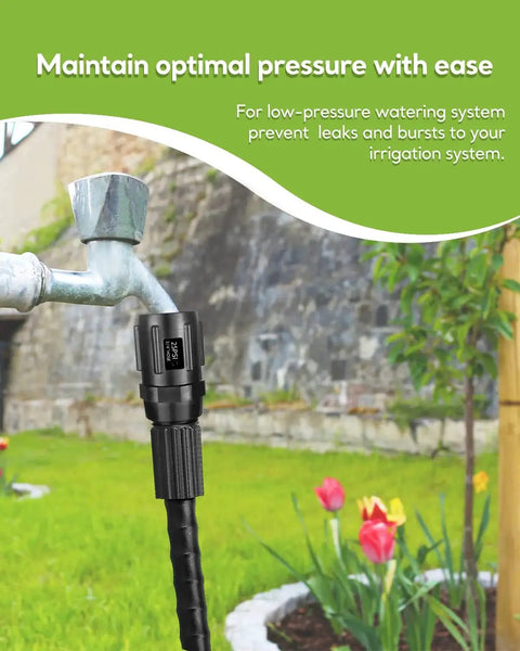 Drip Irrigation Pressure Regulator 25 PSI Three Quarter Inch Hose Thread connected to outdoor faucet in garden