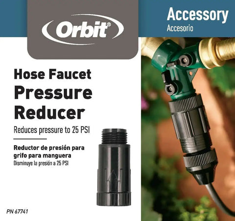 Drip Irrigation Faucet Pressure Regulator 25 PSI For Hose Systems shown in packaging, accessory fitting for home garden watering setup.