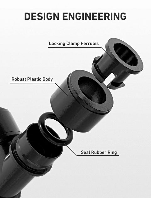 Exploded view of 16 Pack One Quarter Inch Quick Connect Drip Irrigation Tee Fittings showing plastic body and seal components
