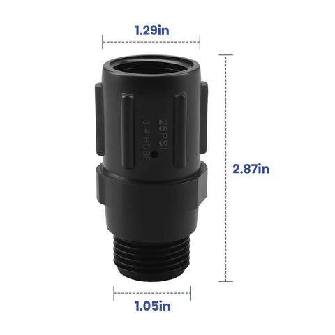 Drip Irrigation Pressure Regulator Keeps 25 PSI On Point For Consistent Watering, Three Quarters Inch Hose Thread Inlet To Three Quarters Inch Hose Thread Outlet, front view with dimensions.