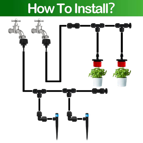 30 Pack One Quarter Inch Drip Irrigation Tee Fittings With Push To Fit Barbed Connectors installed in garden layout.